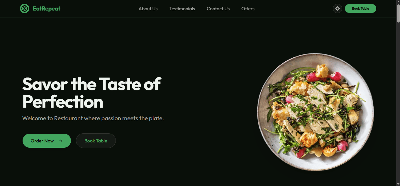 Eat Repeat homepage showcasing featured restaurants and food categories